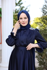 A model wears 37651 - Evening Dress - Navy Blue, wholesale undefined of Hulya Keser to display at Lonca