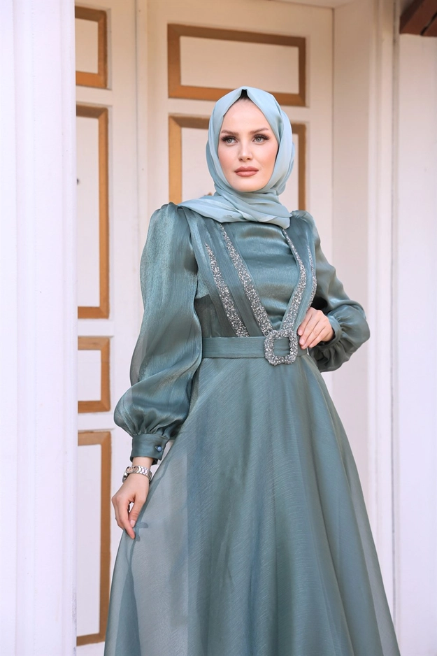 A model wears 37661 - Evening Dress - Petrol Color, wholesale Dress of Hulya Keser to display at Lonca