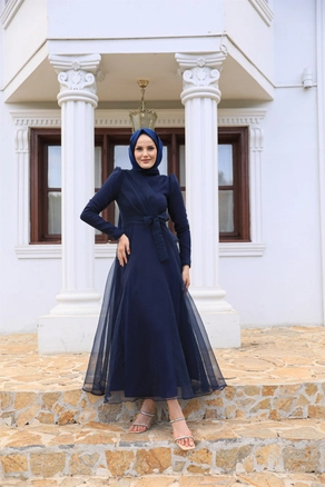 A model wears 37665 - Evening Dress - Navy Blue, wholesale Dress of Hulya Keser to display at Lonca