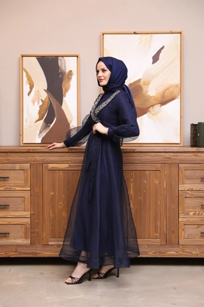 A model wears 37682 - Evening Dress - Navy Blue, wholesale Dress of Hulya Keser to display at Lonca