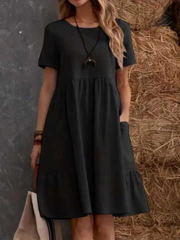 A wholesale clothing model wears  Women's Short Sleeve Pocketed Three-Piece Linen Dress - Black
, Turkish wholesale Dress of Ilia