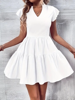 A wholesale clothing model wears jan13805-women's-short-sleeve-sleeve-ruffle-aerobin-mini-dress-white, Turkish wholesale Dress of Janes