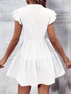 A wholesale clothing model wears jan13805-women's-short-sleeve-sleeve-ruffle-aerobin-mini-dress-white, Turkish wholesale Dress of Janes