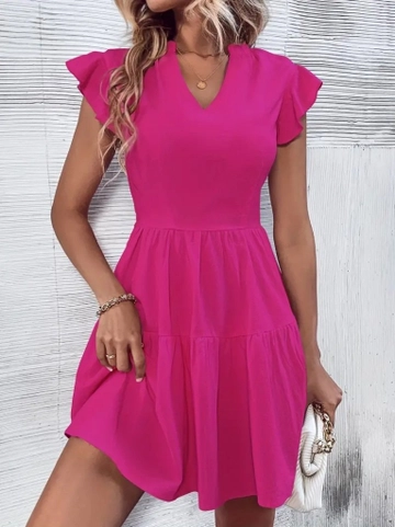 A wholesale clothing model wears  Women's Short Sleeve V-Neck Sleeve Ruffle Three-Piece Aerobin Mini Dress - Pink
, Turkish wholesale Dress of Janes