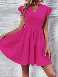 A wholesale clothing model wears jan13808-women's-short-sleeve-sleeve-ruffle-aerobin-mini-dress-pink, Turkish wholesale Dress of Janes