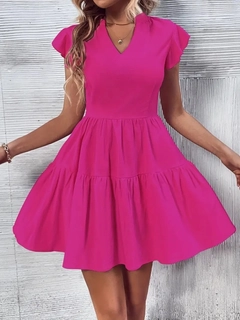 A wholesale clothing model wears jan13808-women's-short-sleeve-sleeve-ruffle-aerobin-mini-dress-pink, Turkish wholesale Dress of Janes