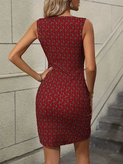 A wholesale clothing model wears jan13830-women's-sleeveless-double-breasted-collar-and-skirt-waist-button-detail-patterned-micro-dress-red, Turkish wholesale Dress of Janes