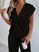 A wholesale clothing model wears jan13863-women's-short-sleeve-double-breasted-neck-local-crepe-blouse-black, Turkish wholesale  of 