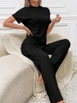 Модель оптовой продажи одежды носит jan13868-women's-short-sleeve-crew-neck-sleeve-fold-detail-camisole-suit-black, турецкий оптовый товар  от .
