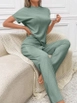 Модель оптовой продажи одежды носит jan13871-women's-short-sleeve-crew-neck-sleeve-fold-detail-camisole-suit-green, турецкий оптовый товар  от .