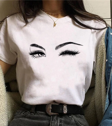 A wholesale clothing model wears  Women's Short Sleeve Crew Neck Eye Printed Viscose T-shirt - Black
, Turkish wholesale Tshirt of Janes