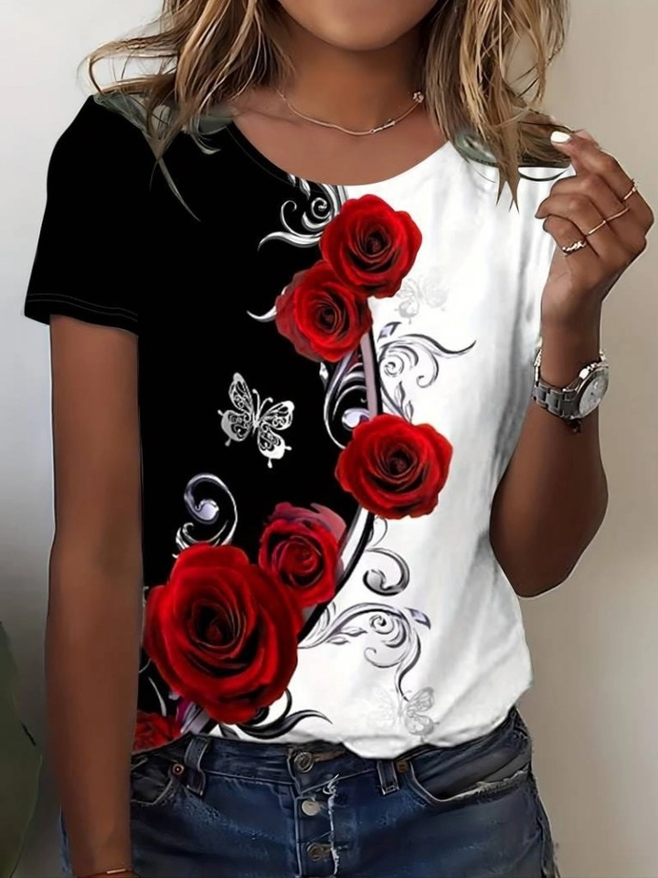 A wholesale clothing model wears jan13884-women's-short-sleeve-rose-print-single-jersey-red, Turkish wholesale Tshirt of Janes