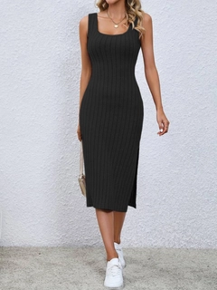 A wholesale clothing model wears jan13970-women's-sleeveless-square-neck-side-slit-ribbed-camisole-knee-length-dress-black, Turkish wholesale Dress of Janes