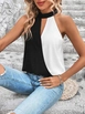 A wholesale clothing model wears jan14641-women's-sleeveless-collar-window-detail-double-color-sandy-blouse-black, Turkish wholesale  of 