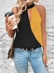 A wholesale clothing model wears jan14645-women's-sleeveless-collar-window-detail-double-color-sandy-blouse-black, Turkish wholesale  of 