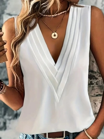 Ein Bekleidungsmodell aus dem Großhandel trägt  Ärmellose Damenbluse Aus Importiertem Krepp Mit V-Ausschnitt – Weiß
, türkischer Großhandel Bluse von Janes