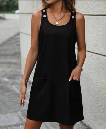 A wholesale clothing model wears  Button Detail Thick Strap Pocketed Linen Dress - Black
, Turkish wholesale Dress of Janes
