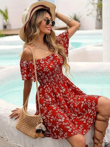 Модел на дрехи на едро носи  Ежедневна Дамска Рокля От Трико С Къс Ръкав И Деколте На Талията - Червена
, турски едро рокля на Janes