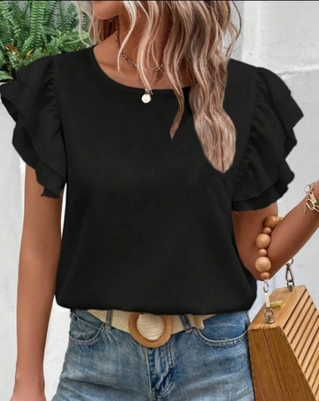 A wholesale clothing model wears  Crew Neck Flounce Sleeves Imported Crepe Blouse - Black
, Turkish wholesale Blouse of Janes
