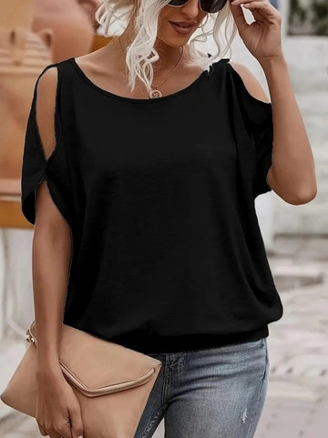 A wholesale clothing model wears  Women's Short Sleeve Round Neck Casual Viscose Blouse - Black
, Turkish wholesale Blouse of Janes