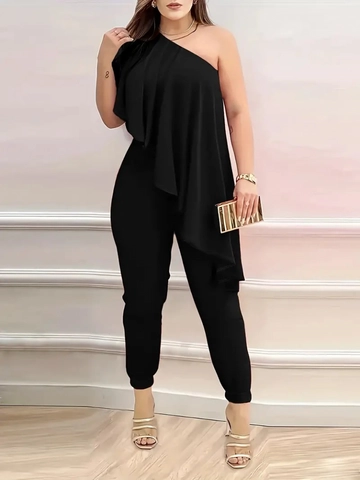 Ein Bekleidungsmodell aus dem Großhandel trägt  Damen-Jumpsuit „Sandy“  Ärmellos  One-Shoulder-Einteiler  Vorne Offen  Volantdetail  Sandy – Schwarz
, türkischer Großhandel Jumpsuit von Janes