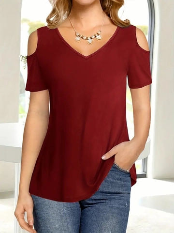Модель оптовой продажи одежды носит  Женская Вискозная Блузка С Короткими Рукавами  V-образным Вырезом И Глубоким Вырезом На Плечах - Бордовый Красный
, турецкий оптовый товар Блузка от Janes.