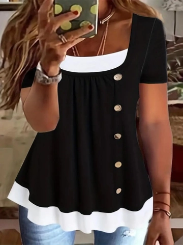 Модел на дрехи на едро носи  Двуцветна Дамска Вискозна Блуза С Къс Ръкав С Предни Копчета - Черна
, турски едро Блуза на Janes