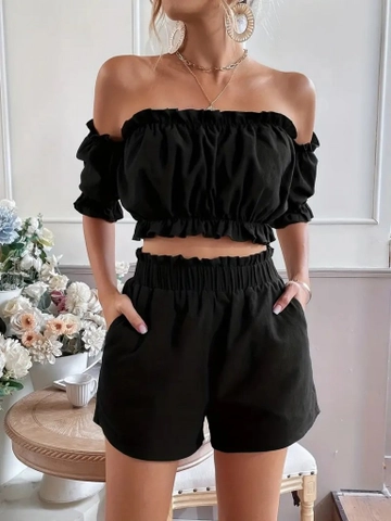 A wholesale clothing model wears  Women's Sleeveless Madonna Neck Crop Shorts Double Linen Suit - Black
, Turkish wholesale Suit of Janes