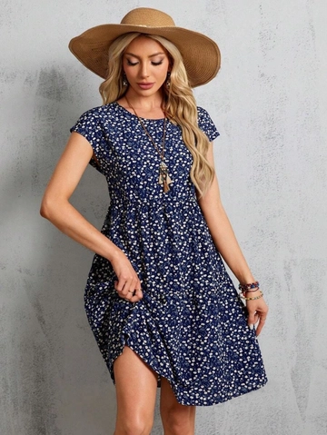 A wholesale clothing model wears  Women's Short Sleeve Crew Neck Floral Printed Jersey Dress - Navy Blue
, Turkish wholesale Dress of Janes