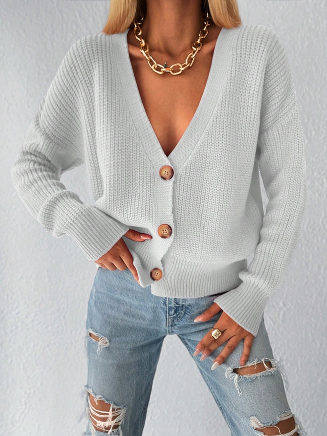 Janes Women's Long Sleeve Button Detail Knitwear Cardigan Gray Wholesale Clothing Casual