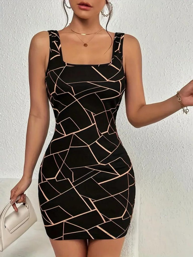 Janes فستان غوص قصير منقوش برقبة مربعة بدون أكمام للنساء بني ملابس بالجملة حجم اضافي