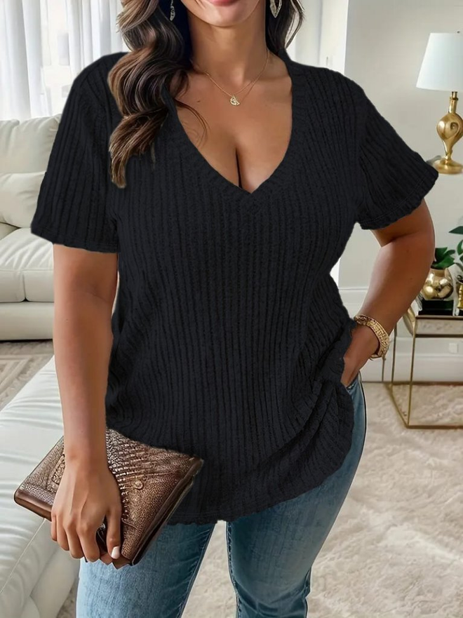 Janes Dámska Rebrovaná Košieľková Blúzka S Krátkym Rukávom A Výstrihom Do V – Čierna Veľkoobchod s oblečením Neformálny