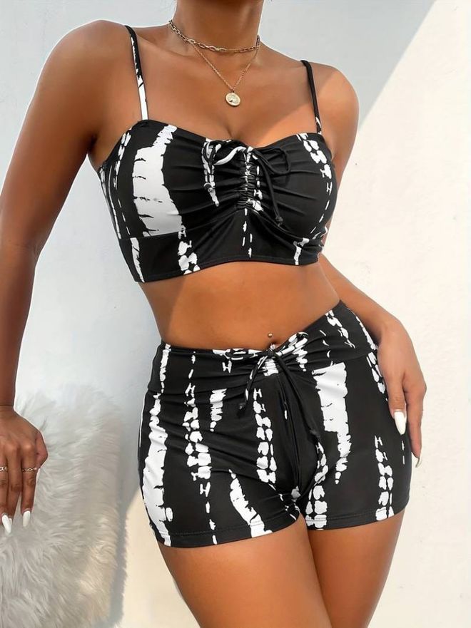 Janes Kadın Büzgü Detay Askılı Crop Mini Tayt Ikili Takım Siyah Toptan Giyim Gündelik