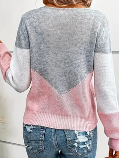 A wholesale clothing model wears jan14042-long-sleeve-patterned-knitwear-blouse-gray-&-pink, Turkish wholesale Sweater of Janes