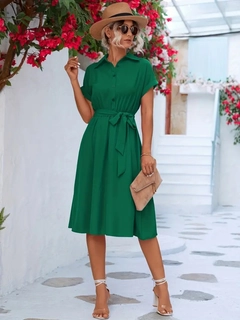 A wholesale clothing model wears jan14080-women's-short-sleeve-belted-waist-aerobin-mini-dress-green, Turkish wholesale Dress of Janes