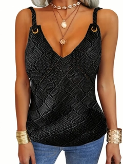 A wholesale clothing model wears jan14128-women's-sleeveless-ring-detail-diamond-pattern-strappy-knitwear-blouse-black, Turkish wholesale Blouse of Janes