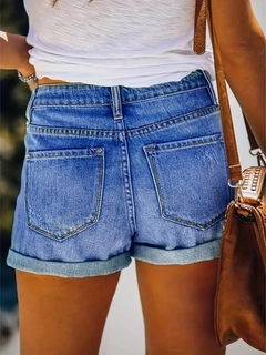 A wholesale clothing model wears jan14137-women's-double-leg-ripped-denim-shorts-blue, Turkish wholesale Shorts of Janes