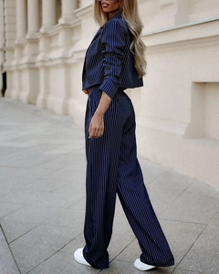 A wholesale clothing model wears jan14274-women's-long-sleeve-striped-trouser-jacket-woven-suit-navy-blue, Turkish wholesale Suit of Janes