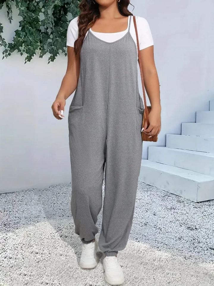 A wholesale clothing model wears jan14282-women's-strappy-halter-neck-salwar-jumpsuit-gray, Turkish wholesale Jumpsuit of Janes
