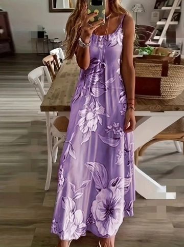 A wholesale clothing model wears  Women's Sleeveless Strappy Floral Patterned Full Length Jersey Dress - Purple
, Turkish wholesale Dress of Janes