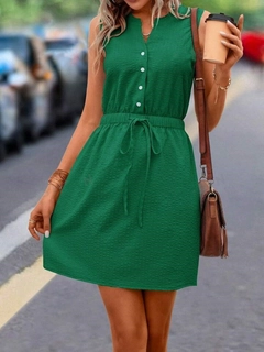 A wholesale clothing model wears jan14489-women's-sleeveless-buttoned-front-elastic-waist-aerobin-dress-green, Turkish wholesale Dress of Janes