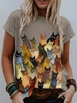 A wholesale clothing model wears jan14512-women's-short-sleeve-crew-neck-cat-printed-jersey-blouse-gray, Turkish wholesale  of 
