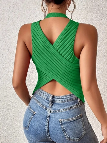 A wholesale clothing model wears  Women's Sleeveless Back Cross Detail Knitwear Blouse - Green
, Turkish wholesale Blouse of Janes