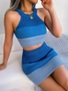 A wholesale clothing model wears jan14550-women's-sleeveless-halter-neck-crop-and-mini-skirt-double-knitwear-set-blue, Turkish wholesale  of 