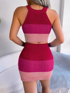 A wholesale clothing model wears jan14554-women's-sleeveless-halter-neck-crop-and-mini-skirt-double-knitwear-set-pink, Turkish wholesale Suit of Janes