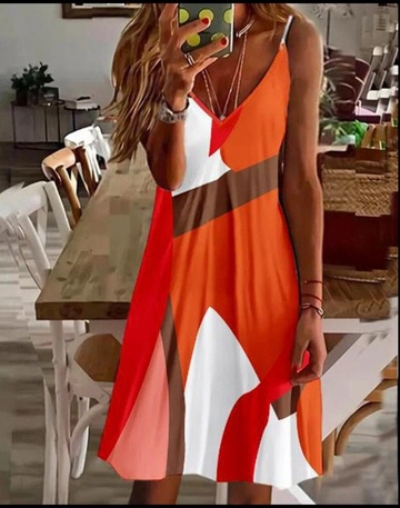 Una modella di abbigliamento all'ingrosso indossa  Abito In Jersey Senza Maniche Con Cinturino E Scollo A V Da Donna - Arancione
, vendita all'ingrosso turca di Vestito di Janes