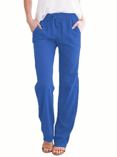 Una modella di abbigliamento all'ingrosso indossa jan14581-women's-elastic-waist-linen-trousers-blue, vendita all'ingrosso turca di Pantaloni di Janes