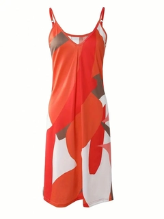 Bir model, Janes toptan giyim markasının jan14588-women's-sleeveless-strap-jersey-dress-orange toptan Elbise ürününü sergiliyor.
