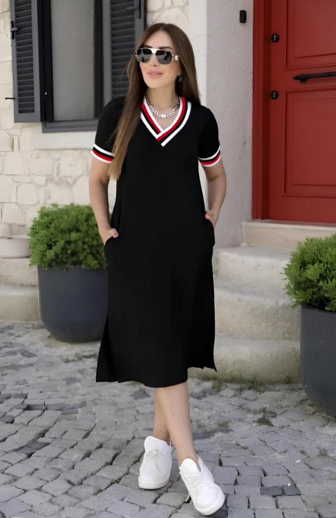 Janes Vestido Feminino De Manga Curta Com Decote Em V E Gola Canelada Com Detalhe Canelado De Comprimento Médio Vermelho Roupas por atacado Casual