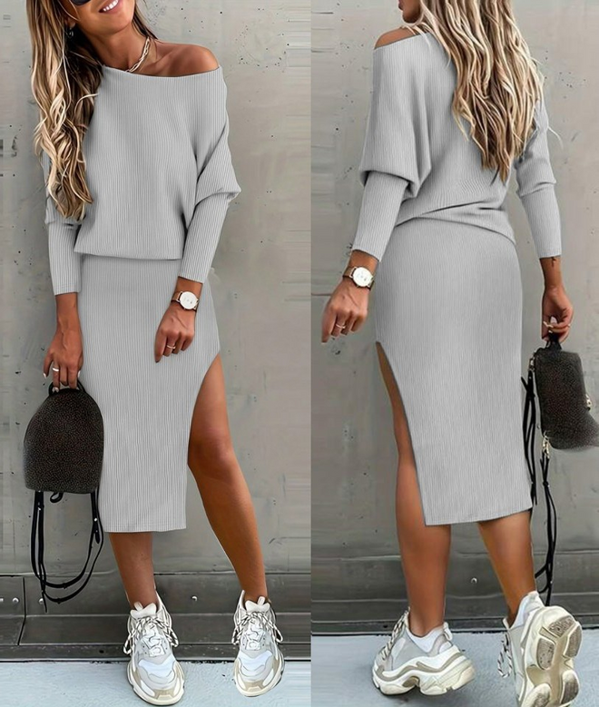 Janes Women's Long Sleeve Off Shoulder Slit Detail Camisole Skirt Blouse Two Piece Set Gray Wholesale Clothing Casual